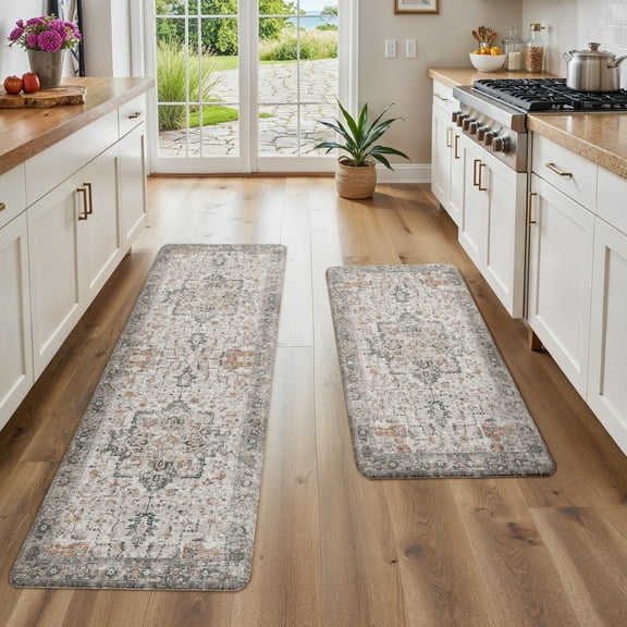 KUETH Kitchen Rug for Floor, Kitchen Mat Anti Fatigue, Non Slip Washable Kitchen Rug, Set of 2 Kitchen Mat 17"x47"+17"x30", Brown