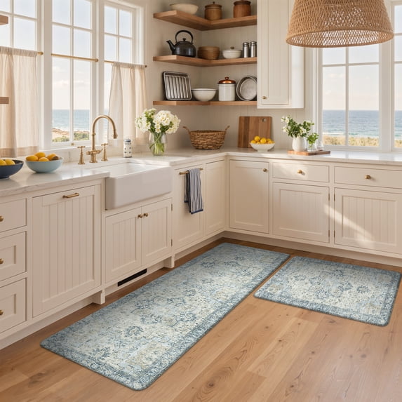 KUETH Kitchen Rug for Floor, Kitchen Mat Anti Fatigue, Non Slip Washable Kitchen Rug, Set of 2 Kitchen Mat 17"x59"+17"x30", Blue