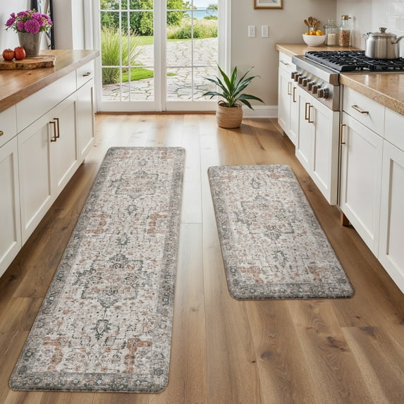 KUETH Kitchen Rug for Floor, Kitchen Mat Anti Fatigue, Non Slip Washable Kitchen Rug, Set of 2 Kitchen Mat 17"x59"+17"x30", Brown