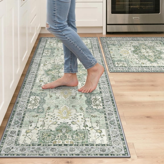 KUETH Kitchen Mats for Floor,Sets of 2 Non Slip Washable Persian Kitchen Rugs 20"x32"+20"x48", Kitchen Runner Rug with Waterproof for Hallway, Laundry, Bathroom and Bedroom