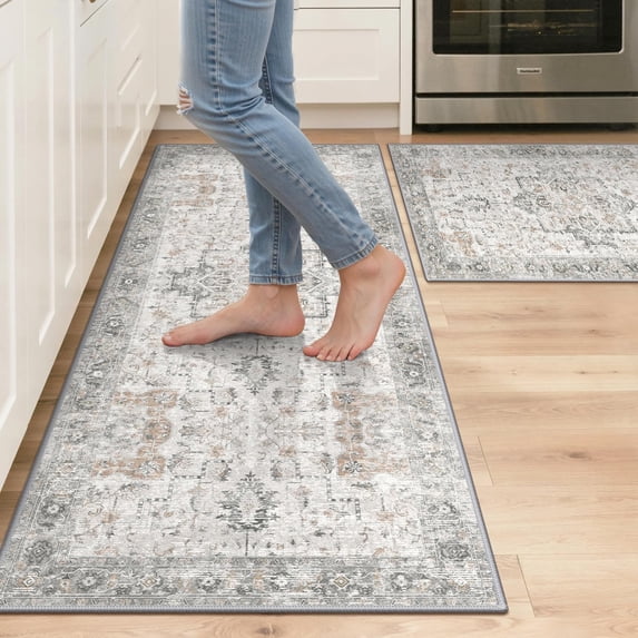 KUETH Kitchen Mats for Floor,Sets of 2 Non Slip Washable Persian Kitchen Rugs 20"x32"+20"x48", Kitchen Runner Rug with Waterproof for Hallway, Laundry, Bathroom and Bedroom
