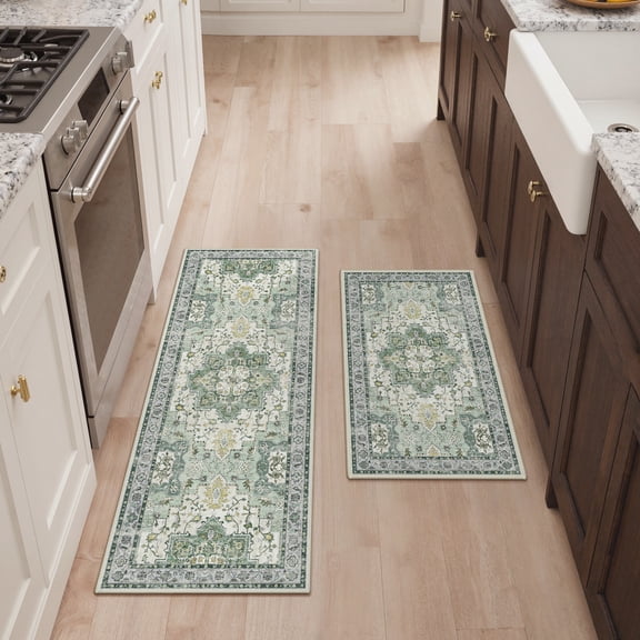 KUETH Kitchen Mats for Floor,Sets of 2 Non Slip Washable Persian Kitchen Rugs 20"x32"+20"x48", Kitchen Runner Rug with Waterproof for Hallway, Laundry, Bathroom and Bedroom