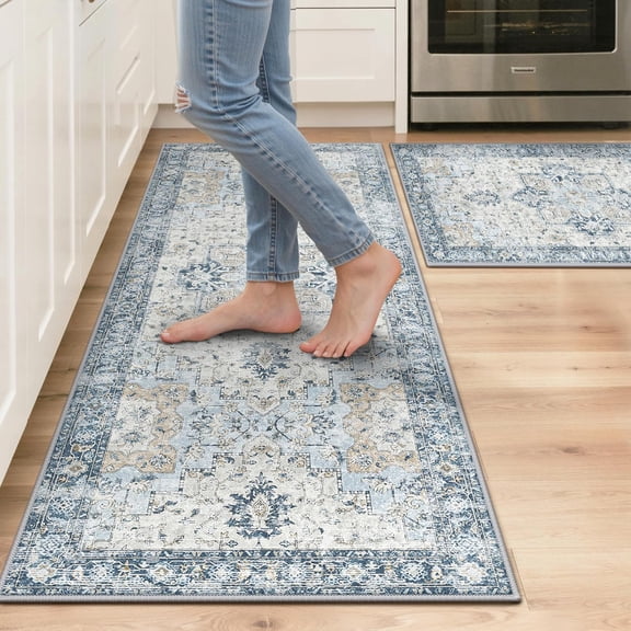KUETH Kitchen Mats for Floor,Sets of 2 Non Slip Washable Persian Kitchen Rugs 20"x32"+20"x48", Kitchen Runner Rug with Waterproof for Hallway, Laundry, Bathroom and Bedroom