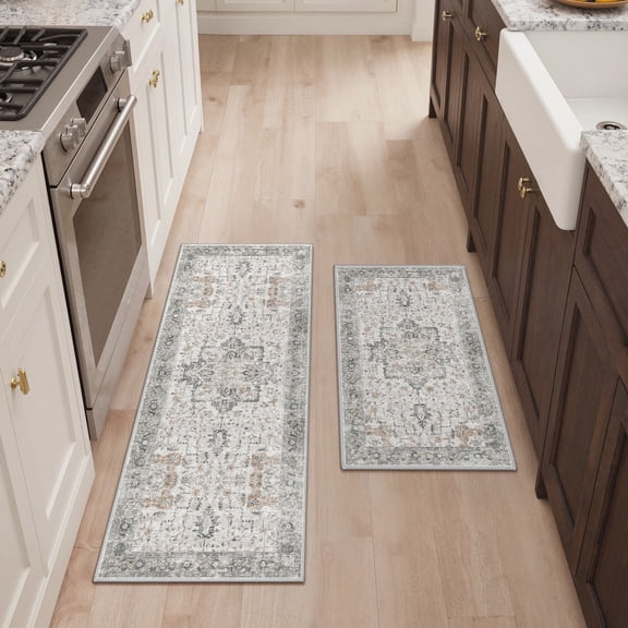 KUETH Kitchen Mats for Floor,Sets of 2 Non Slip Washable Persian Kitchen Rugs 20"x32"+20"x48", Kitchen Runner Rug with Waterproof for Hallway, Laundry, Bathroom and Bedroom