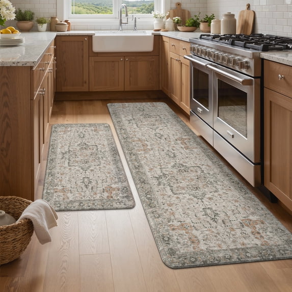 KUETH Kitchen Rug for Floor, Kitchen Mat Anti Fatigue, Non Slip Washable Kitchen Rug, Set of 2 Kitchen Mat 23"x71"+20"x32", Brown