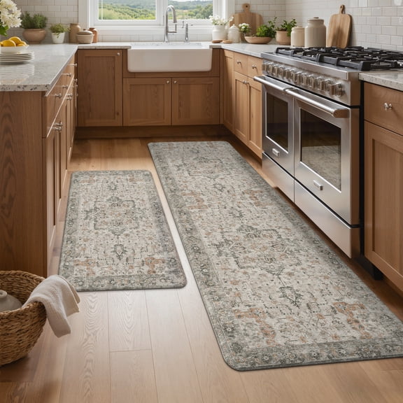 KUETH Kitchen Rug for Floor, Kitchen Mat Anti Fatigue, Non Slip Washable Kitchen Rug, Set of 2 Kitchen Mat 23"x71"+20"x32", Brown