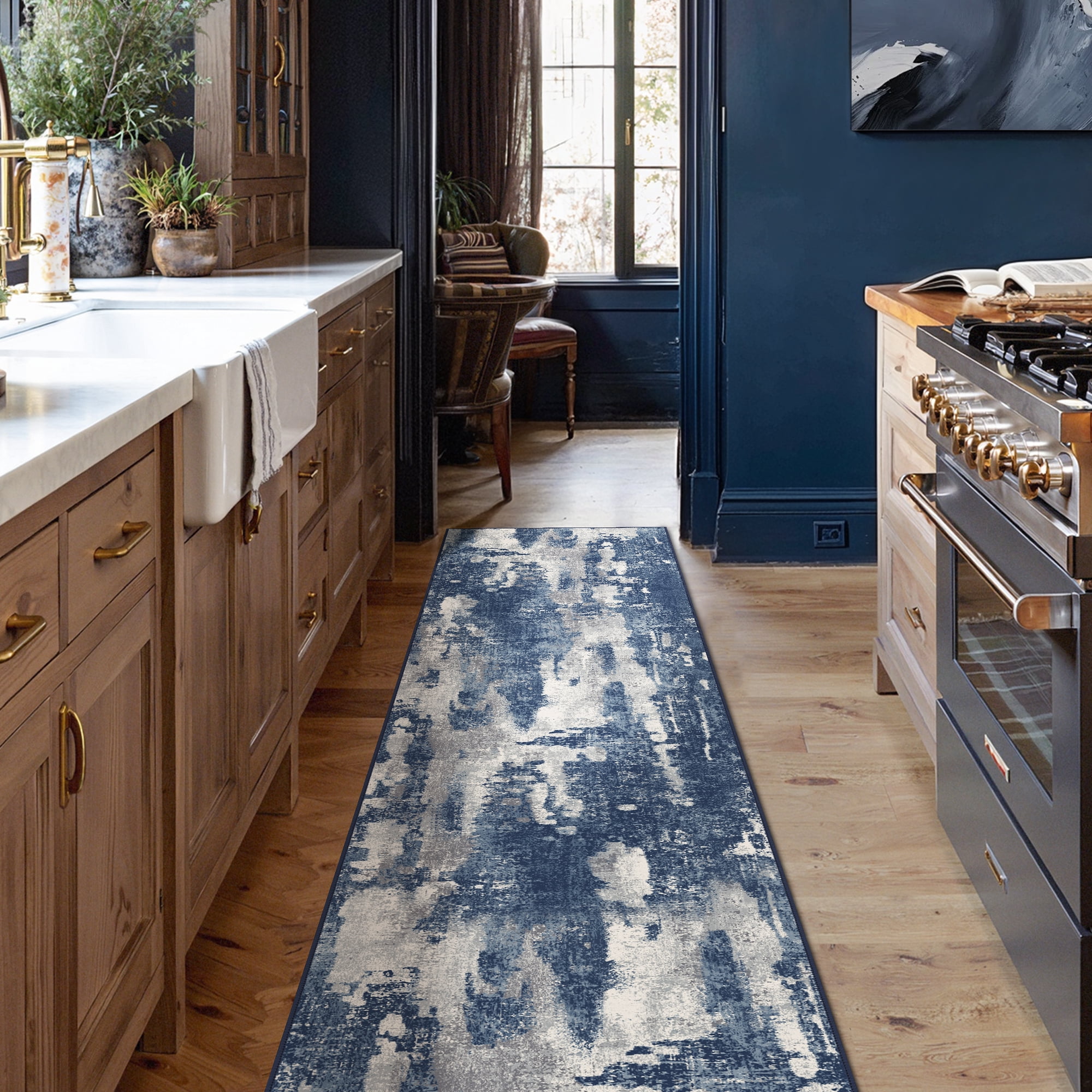 Blue Rug Kitchen Rug KUETH 2'x6' Washable Kitchen Runner Rug, Abstract Distressed Blue, Non ...