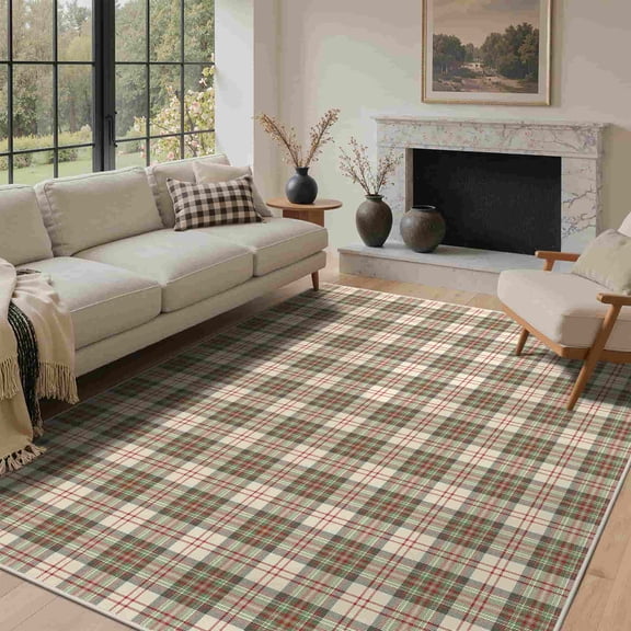KUETH Large Indoor Area Rug 5×7, Machine Washable Rug, Area Rugs for Living Room,White and Green Checkered Rug, Non-Slip Rug, Bedroom, Dinning Room