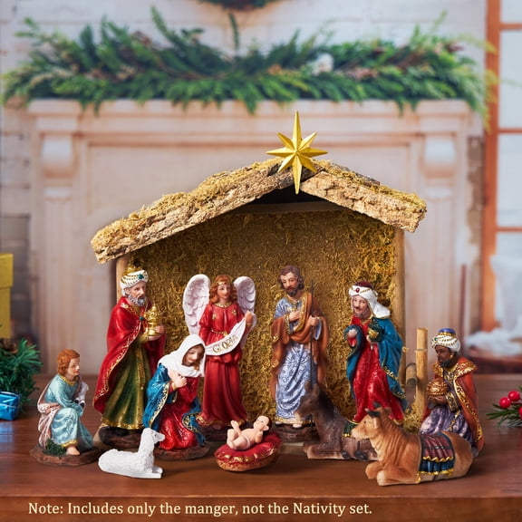 KUETH Manger for Nativity Scene for Holy Family Plywooden Nativity Stable Creche Desk Home Decor Collectable Christmas Decorations 7.9 inch