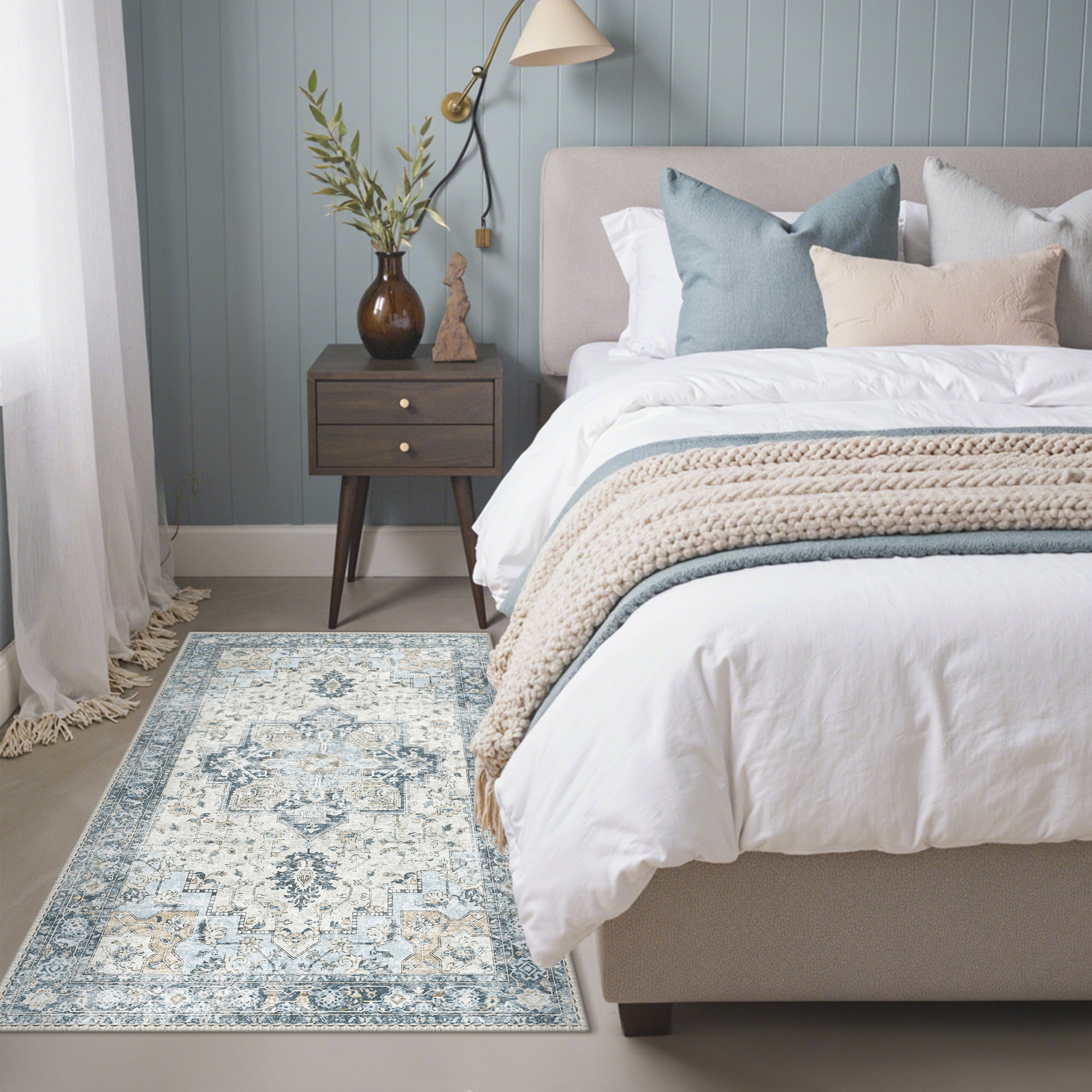 KUETH Non Slip Machine Washable 3x5 Area Rug Blue Vintage Modern