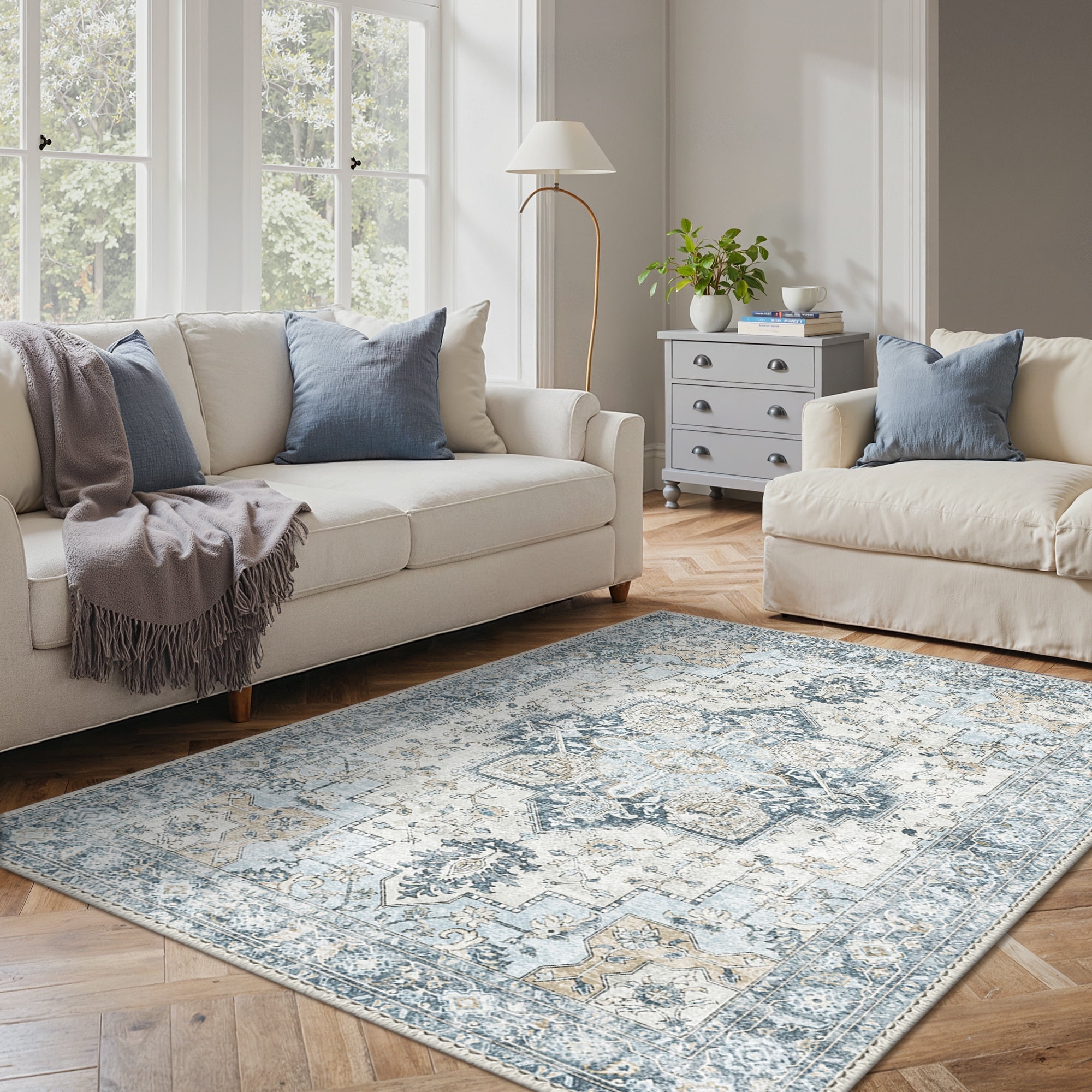 ラグ・カーペット the Apartment blue Lottery Rug Amazon.com: Retro Floral Washable Blue Yellow Green Living Room
