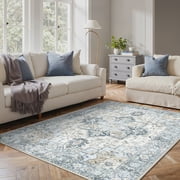 KUETH 5X7 Area Rugs for Living Room, Non Slip Machine Washable Retro Rugs, Blue