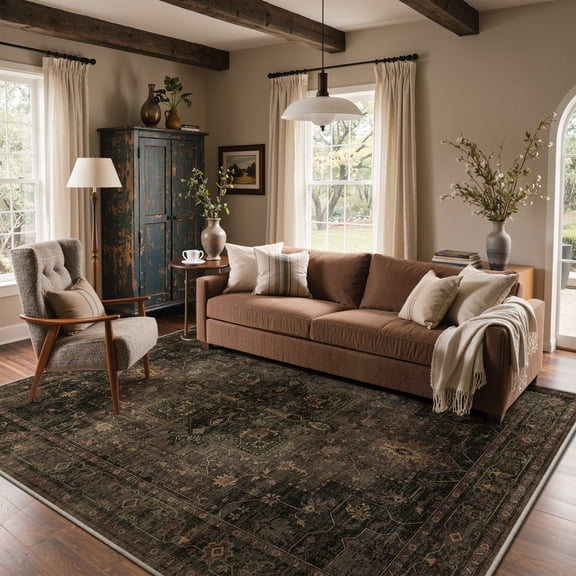 KUETH Modern 5x7 Area Rugs for Living Room, Non Slip Machine Washable Retro Rugs, Low Pile Chenille Print Rug for Bedroom, Dining Room, Home Office, Charcoal Brown