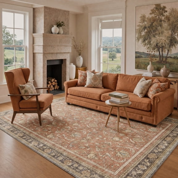 KUETH Modern 5x7 Area Rugs for Living Room, Non Slip Machine Washable Retro Rugs, Low Pile Chenille Print Rug for Bedroom, Dining Room, Home Office