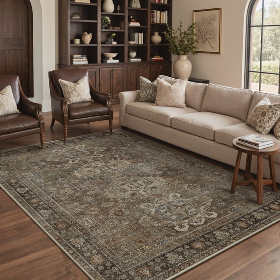 KUETH Modern 5x7 Area Rugs for Living Room, Non Slip Machine Washable Retro Rugs, Low Pile Chenille Print Rug for Bedroom, Dining Room, Home Office