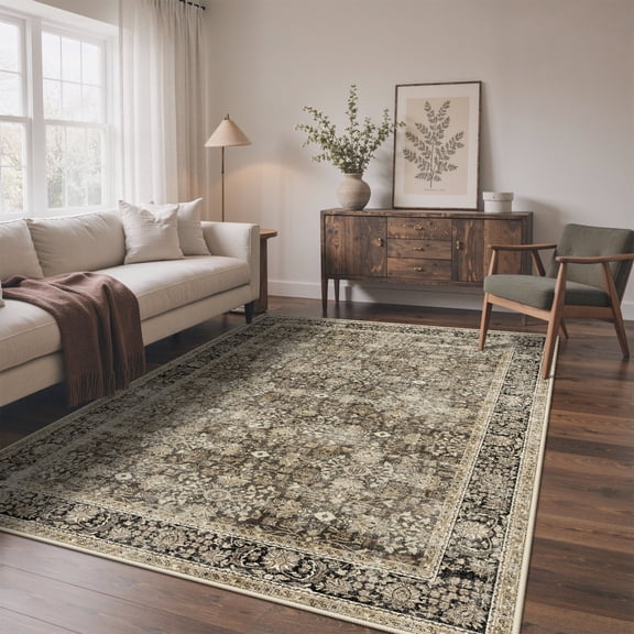 KUETH Modern 5x7 Area Rugs for Living Room, Non Slip Machine Washable Retro Rugs, Low Pile Chenille Print Rug for Bedroom, Dining Room, Home Office