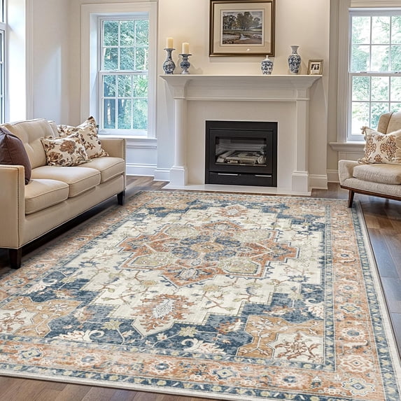 KUETH Modern 5x7 Area Rugs for Living Room, Non Slip Machine Washable Retro Rugs, Low Pile Chenille Print Rug for Bedroom, Dining Room, Home Office