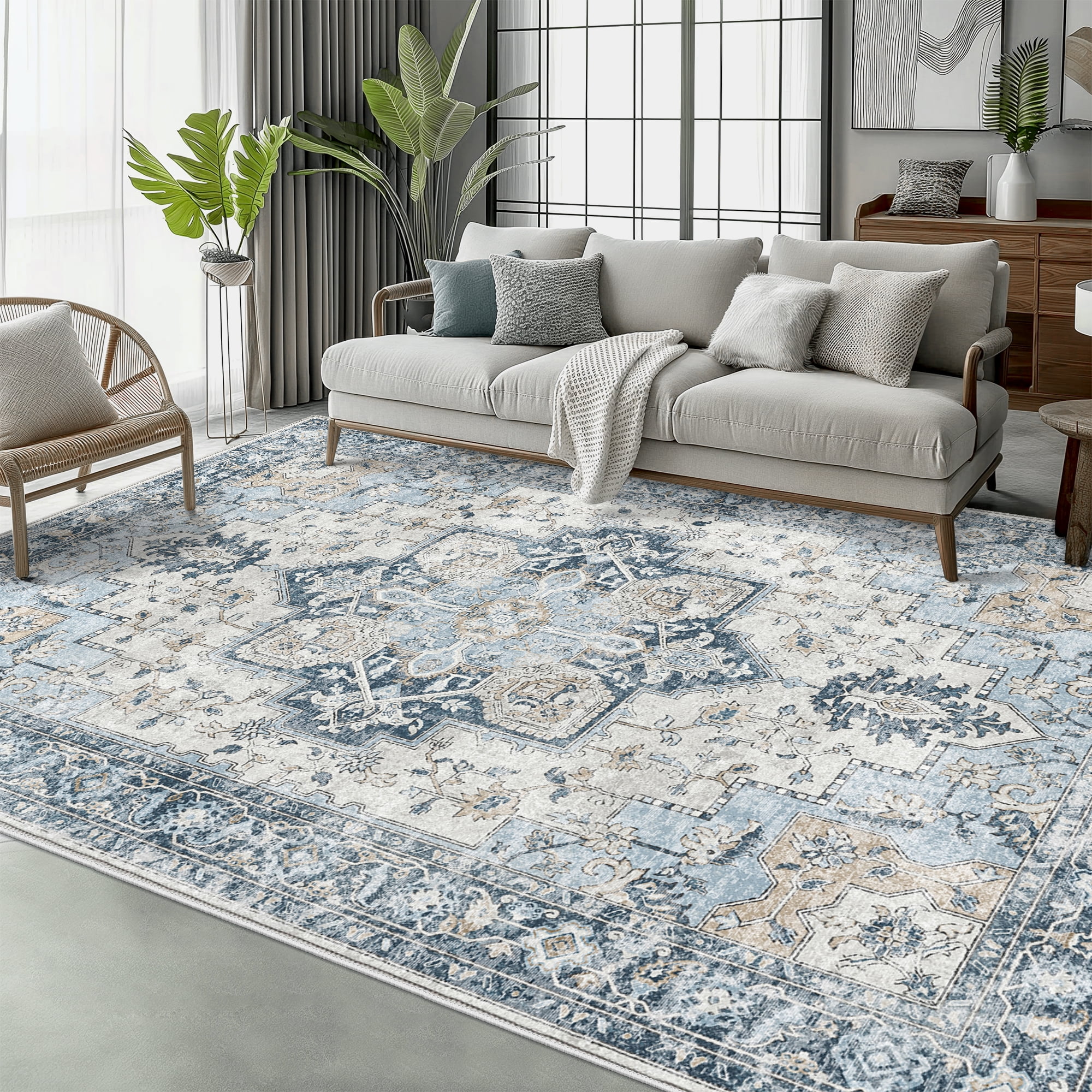 Blue 8x10 Washable Chenille Diamond Pattern Area Rug