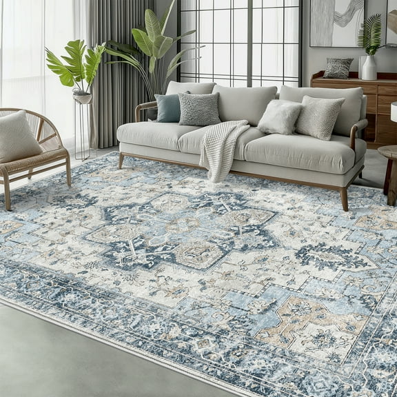 KUETH Modern 8x10 Area Rugs for Living Room, Non Slip Machine Washable Retro Rugs, Low Pile Chenille Print Rug for Bedroom, Dining Room, Home Office, Blue