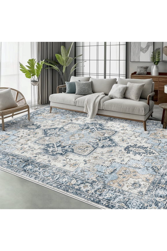 Modern 8x10 Area Rugs for Living Room, Non Slip Machine Washable Retro Rugs, Low Pile Chenille Print Rug for Bedroom, Dining Room, Home Office, Blue