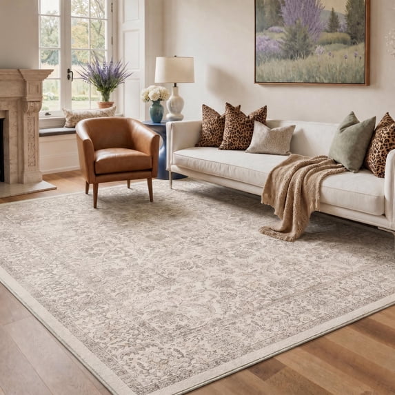KUETH Modern 8x10 Area Rugs for Living Room, Non Slip Machine Washable Retro Rugs, Low Pile Chenille Print Rug for Bedroom, Dining Room, Home Office