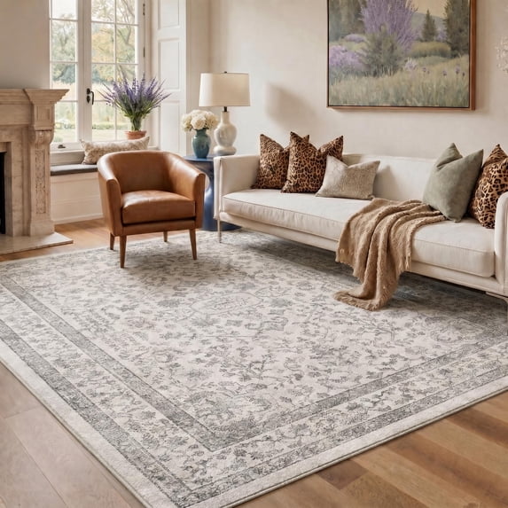 KUETH Modern 8x10 Area Rugs for Living Room, Non Slip Machine Washable Retro Rugs, Low Pile Chenille Print Rug for Bedroom, Dining Room, Home Office
