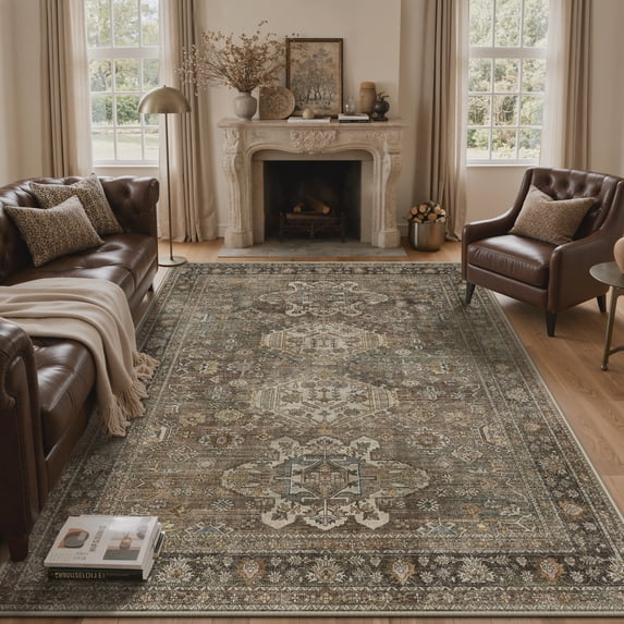 KUETH Modern 8x10 Area Rugs for Living Room, Non Slip Machine Washable Retro Rugs, Low Pile Chenille Print Rug for Bedroom, Dining Room, Home Office