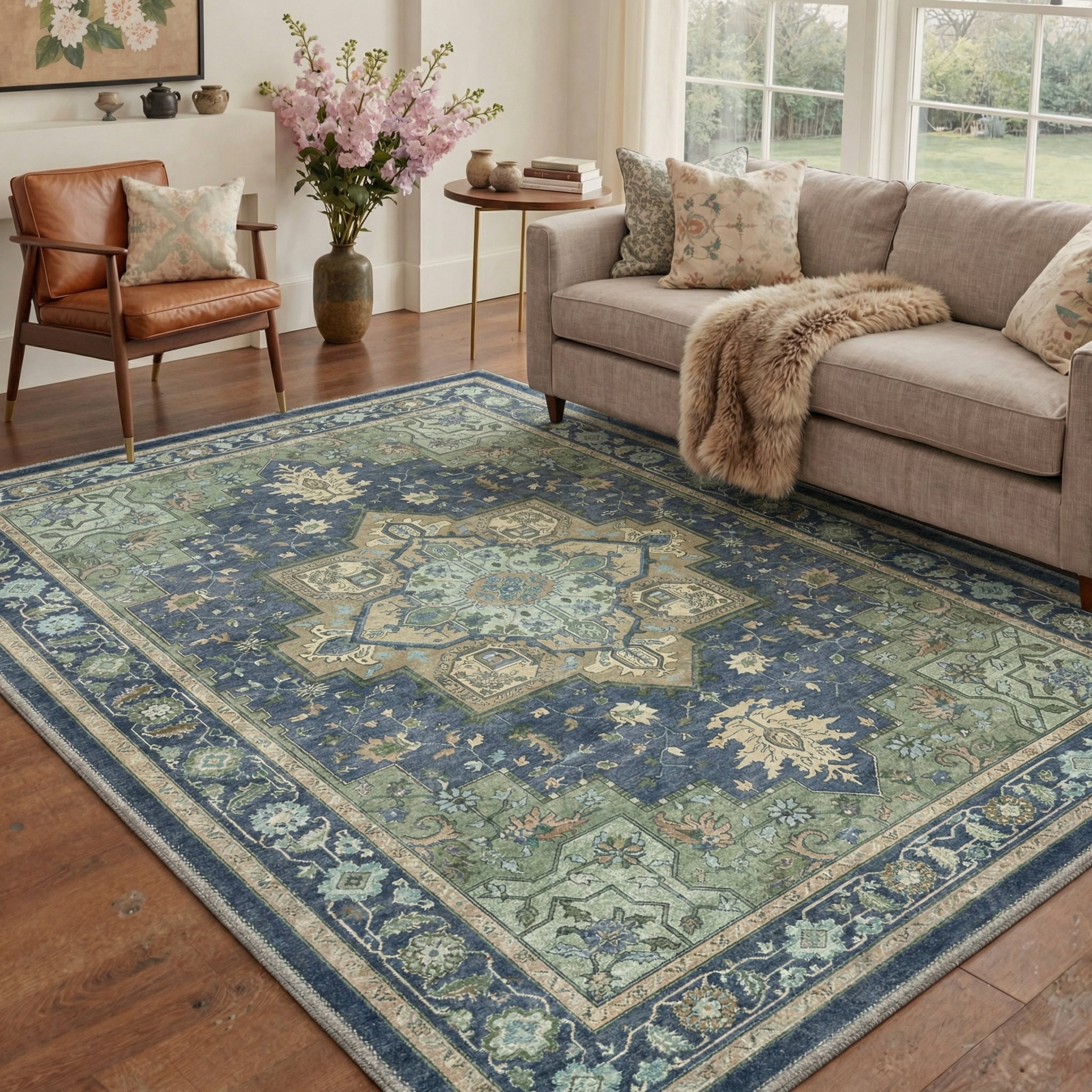 KUETH Modern 8x10 Area Rugs for Living Room, Non Slip Machine Washable Retro Rugs, Low Pile Chenille Print Rug for Bedroom, Dining Room, Home Office