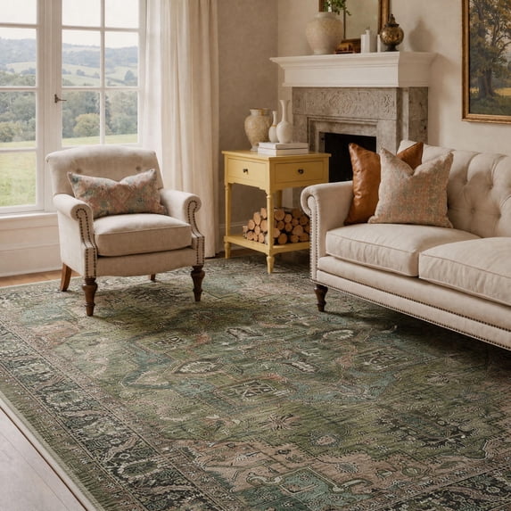 KUETH Modern 8x10 Area Rugs for Living Room, Non Slip Machine Washable Retro Rugs, Low Pile Chenille Print Rug for Bedroom, Dining Room, Home Office