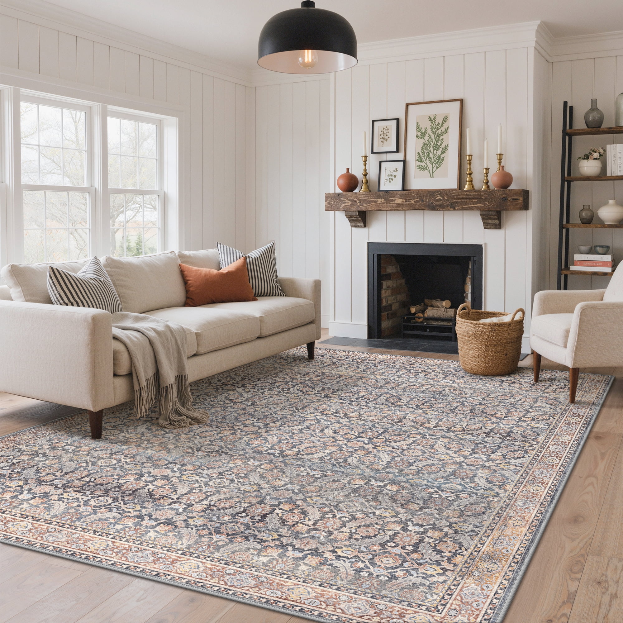 KUETH Modern 8x10 Area Rugs for Living Room, Non Slip Machine Washable Retro Rugs, Low Pile Chenille Print Rug for Bedroom, Dining Room, Home Office