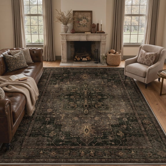 KUETH Modern 9x12 Area Rugs for Living Room, Non Slip Machine Washable Retro Rugs, Low Pile Chenille Print Rug for Bedroom, Dining Room, Home Office, Charcoal Brown