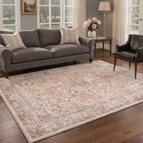 KUETH Modern 9x12 Area Rugs for Living Room, Non Slip Machine Washable Retro Rugs, Low Pile Chenille Print Rug for Bedroom, Dining Room, Home Office