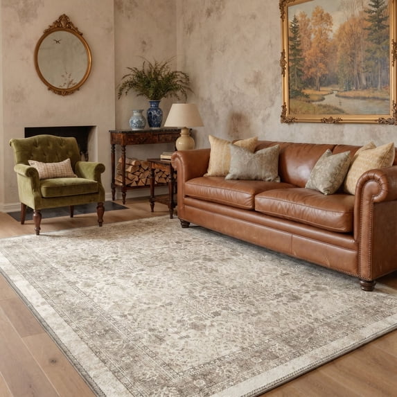 KUETH Modern 9x12 Area Rugs for Living Room, Non Slip Machine Washable Retro Rugs, Low Pile Chenille Print Rug for Bedroom, Dining Room, Home Office