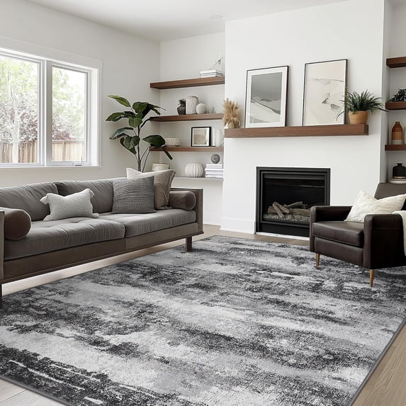KUETH 9'x12' Modern Abstract Area Rugs for Living Room, Stain Resistant Machine Washable Large Black Rug, Low-Pile Floor Carpet with Non Slip Backing for Dining Room, Bedroom