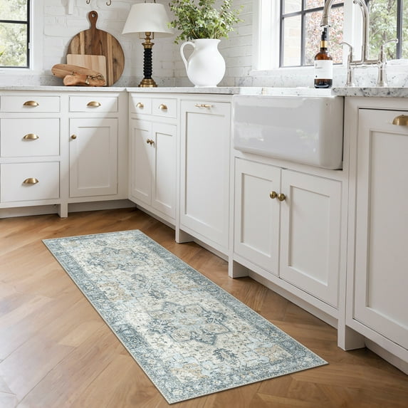 KUETH Modern Area Rug 2x5 Non Slip Hallway Runner Rug, Low Pile Machine Washable Rugs for Entryway, Hallway, Kitchen and Corridor, Blue