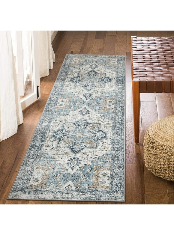 KUETH Modern Area Rug 2x6 Non Slip Hallway Runner Rug, Low Pile Machine Washable Rugs for Entryway, Hallway, Kitchen and Corridor, Blue