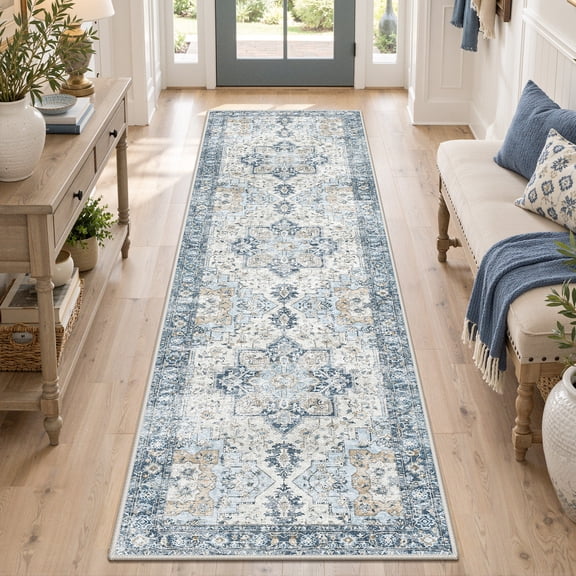 KUETH Modern Area Rug 2x7 Non Slip Hallway Runner Rug, Low Pile Machine Washable Rugs for Entryway, Hallway, Kitchen and Corridor, Blue