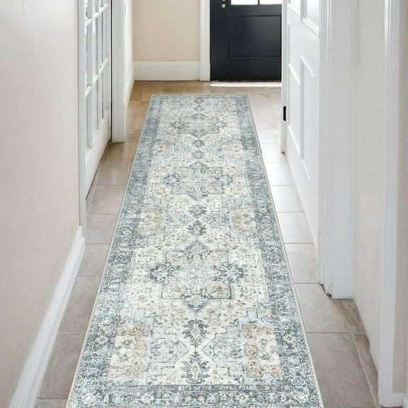 KUETH Modern Area Rug 2x7 Non Slip Hallway Runner Rug, Low Pile Machine Washable Rugs for Entryway, Hallway, Kitchen and Corridor, Blue