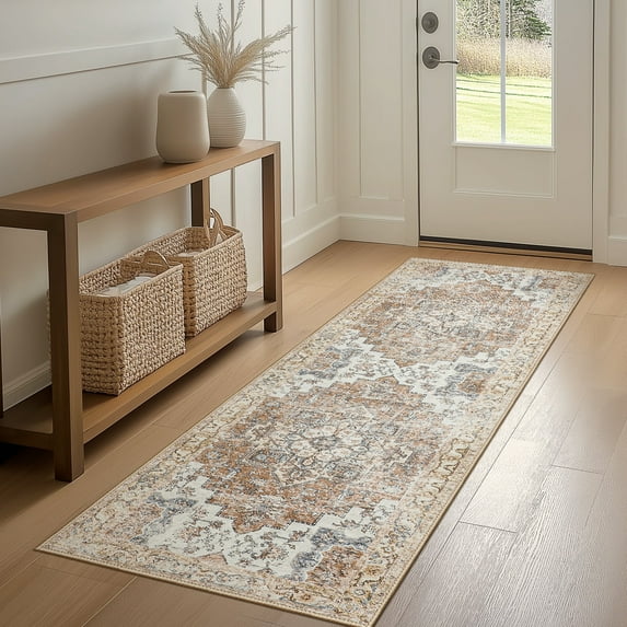 KUETH Modern Area Rug 2x7 Non Slip Hallway Runner Rug, Low Pile Machine Washable Rugs for Entryway, Hallway, Kitchen and Corridor, Orange
