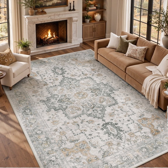 KUETH Modern Area Rug 3x5 Non Slip Hallway Runner Rug, Low Pile Machine Washable Rugs for Entryway, Hallway, Kitchen and Corridor, Light Taupe Brown