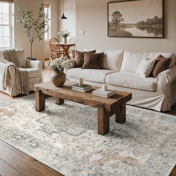 KUETH Modern Area Rug 5x7 Non Slip Hallway Runner Rug, Low Pile Machine Washable Rugs for Entryway, Hallway, Kitchen and Corridor, Light Taupe Brown