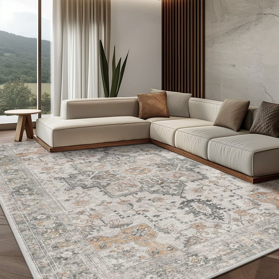 KUETH Modern Area Rug 5x7 Non Slip Hallway Runner Rug, Low Pile Machine Washable Rugs for Entryway, Hallway, Kitchen and Corridor, Light Taupe Brown