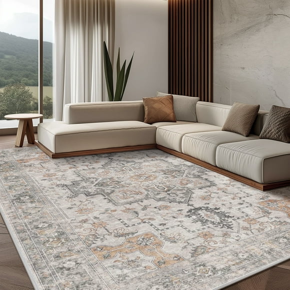KUETH Modern Area Rug 8x10, Machine Washable Rugs for Living Room, Non Slip Carpet Printed, Low Pile, Light Taupe Brown