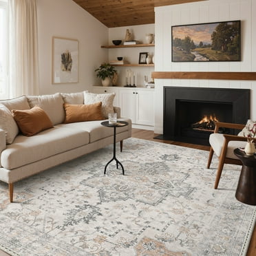 KUETH Modern Area Rug 8x10, Machine Washable Rugs for Living Room, Non Slip Carpet Printed, Low Pile, Light Taupe Brown