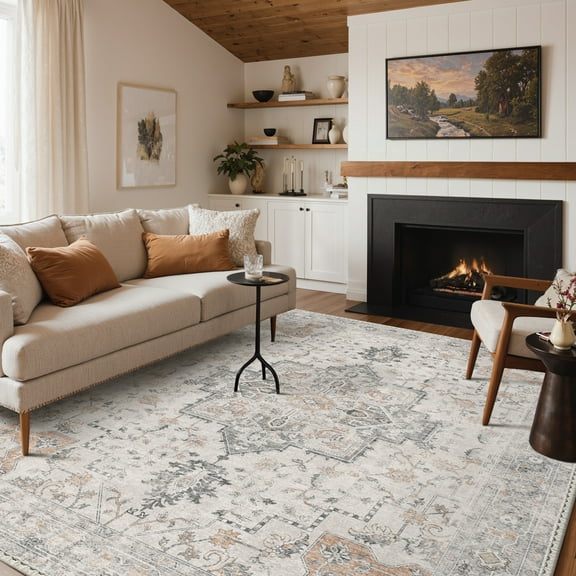 KUETH Modern Area Rug 8x10, Machine Washable Rugs for Living Room, Non Slip Carpet Printed, Low Pile, Light Taupe Brown
