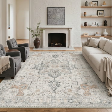 KUETH Modern Area Rug 8x10, Machine Washable Rugs for Living Room, Non Slip Carpet Printed, Low Pile, Light Taupe Brown