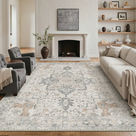 KUETH Modern Area Rug 8x10, Machine Washable Rugs for Living Room, Non Slip Carpet Printed, Low Pile, Light Taupe Brown