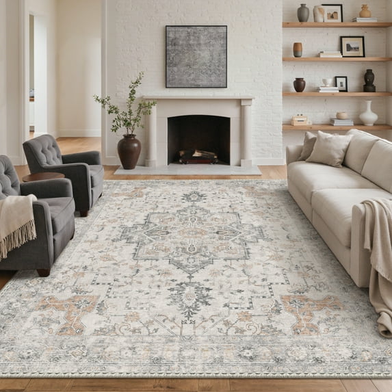 KUETH Modern Area Rug 8x10, Machine Washable Rugs for Living Room, Non Slip Carpet Printed, Low Pile, Light Taupe Brown