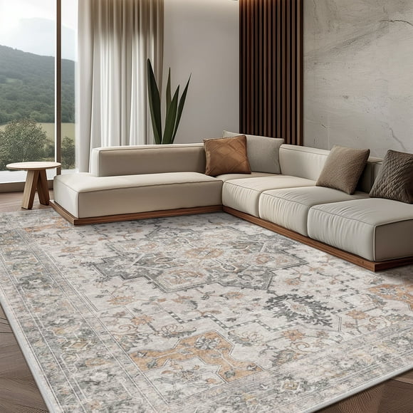 KUETH Modern Area Rug 8x10, Machine Washable Rugs for Living Room, Non Slip Carpet Printed, Low Pile, Light Taupe Brown