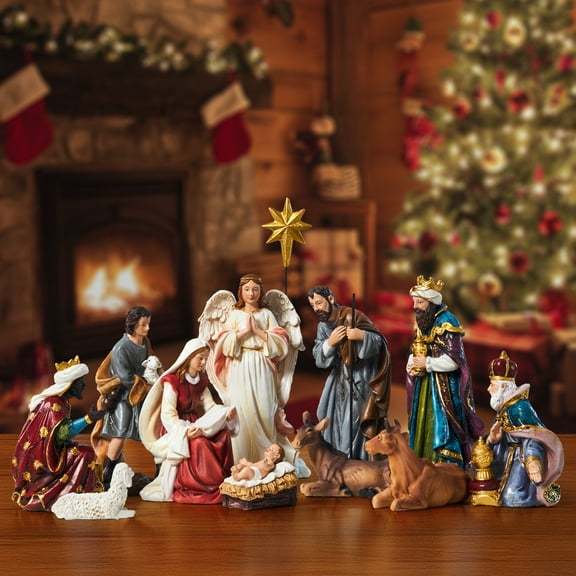 KUETH Nativity Sets for Christmas Indoor Nativity Scene Set Resin Figurine Christmas Ornament Religious Table Holidays Decor Gifts 13 Pieces 7.9 Inch